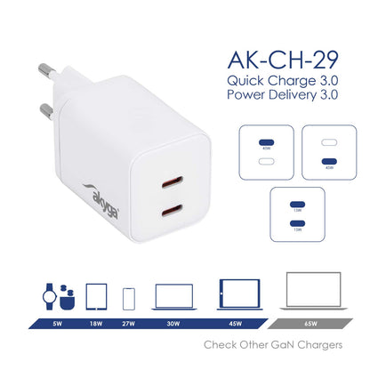 USB Töltő AK-CH-29 2x USB-C PD 5-20V / max. 3A 45W Quick Charge 3.0 GaN