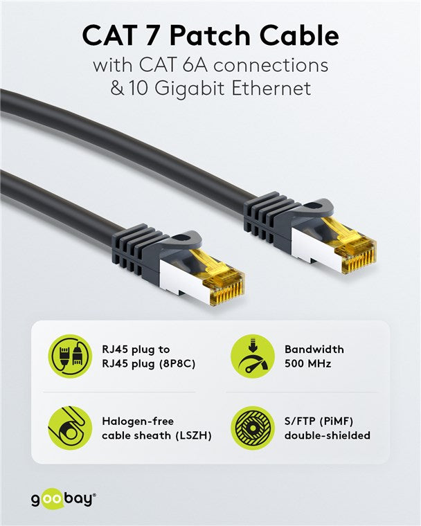 Goobay RJ45 patch kábel CAT 6A S/FTP (PiMF), 500 MHz, CAT 7 érrel, fekete – 3 m