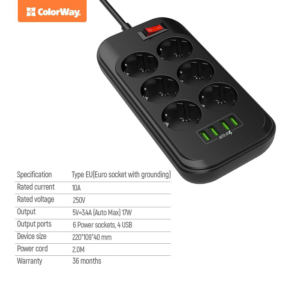 ColorWay Power soсket СolorWay 6 euro sockets/4 USB fekete CW-CHE64B