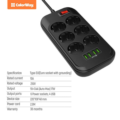 ColorWay Power soсket СolorWay 6 euro sockets/4 USB fekete CW-CHE64B