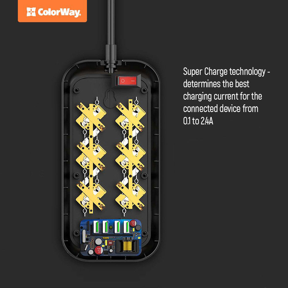 ColorWay Power soсket СolorWay 6 euro sockets/4 USB fekete CW-CHE64B