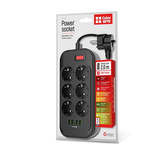 ColorWay Power soсket СolorWay 6 euro sockets/4 USB fekete CW-CHE64B