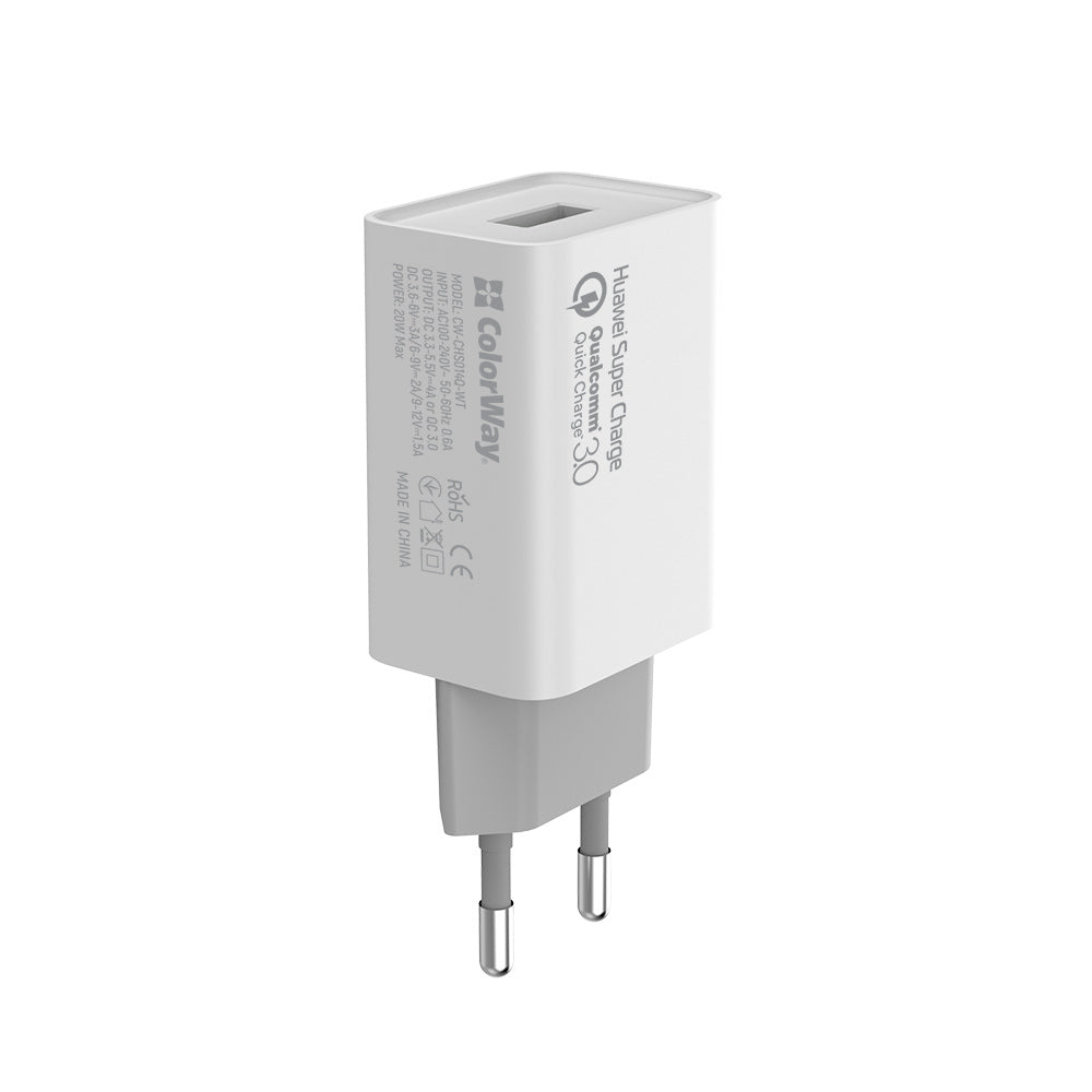 Hálózati töltő ColorWay 1USB Huawei Super Charge/Quick Charge 3.0, 4A (20W) fehér