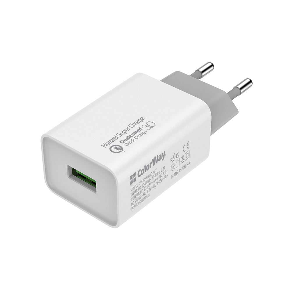 Hálózati töltő ColorWay 1USB Huawei Super Charge/Quick Charge 3.0, 4A (20W) fehér