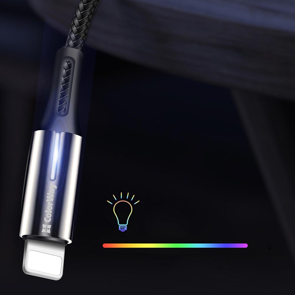 Kábel Colorway USB - Apple Lightning (zinc alloy + led) 2.4А 1м fekete