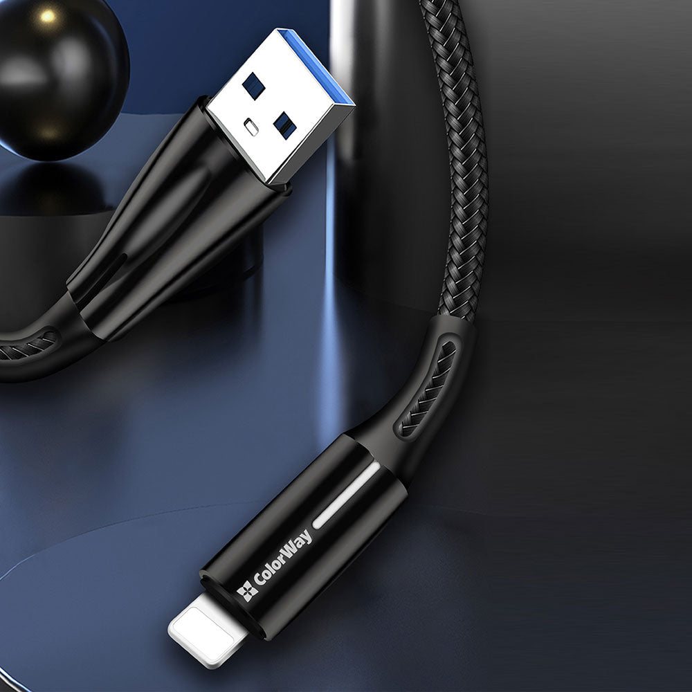 Kábel Colorway USB - Apple Lightning (zinc alloy + led) 2.4А 1м fekete