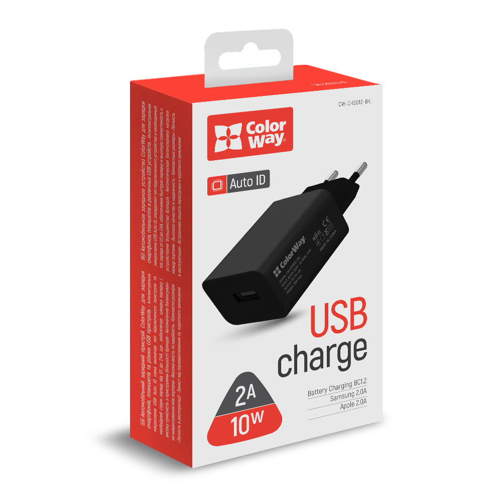 Hálózati töltő ColorWay 1USB AUTO ID 2A (10W) fekete