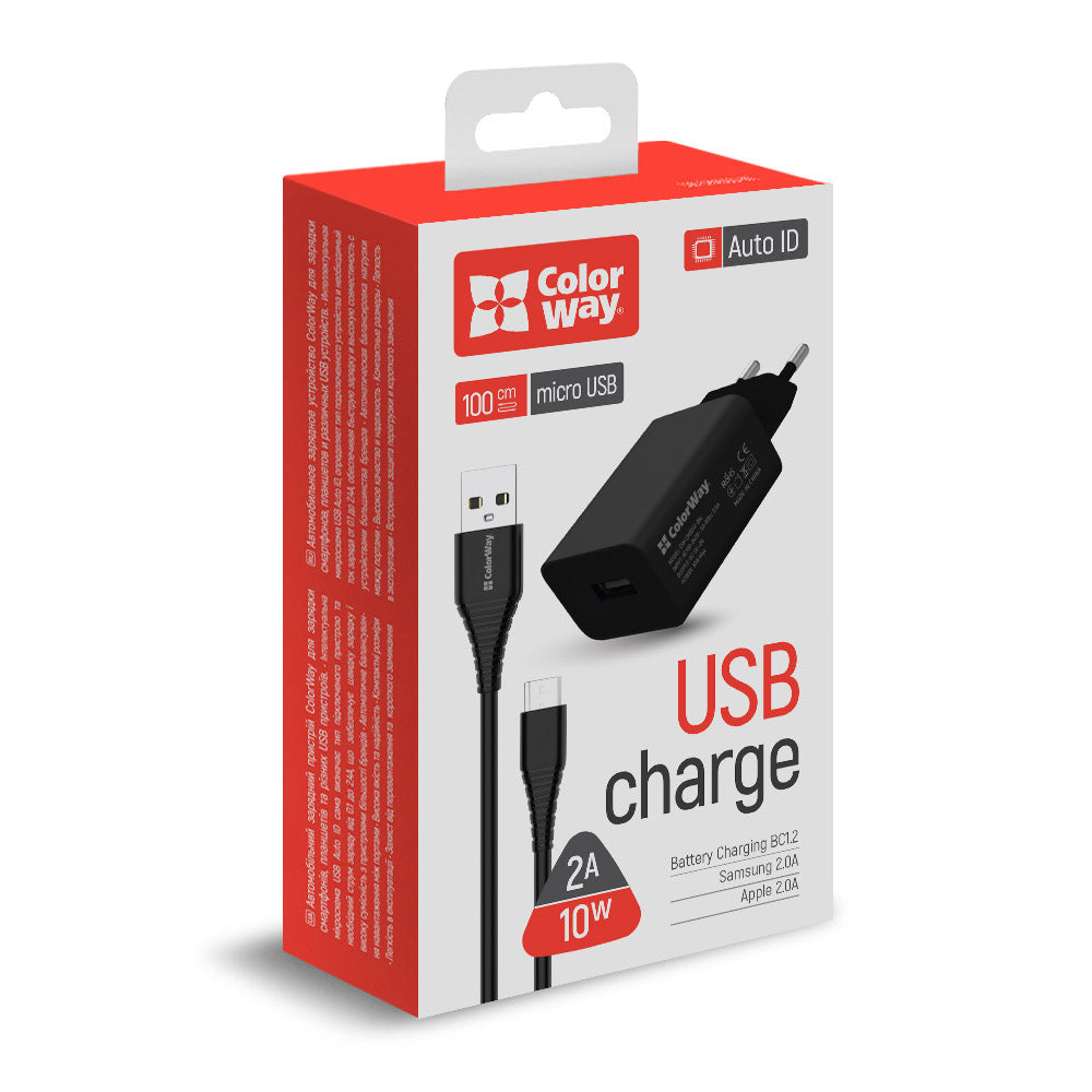 Hálózati töltő ColorWay 1USB AUTO ID 2A (10W) fekete + Kábel micro USB