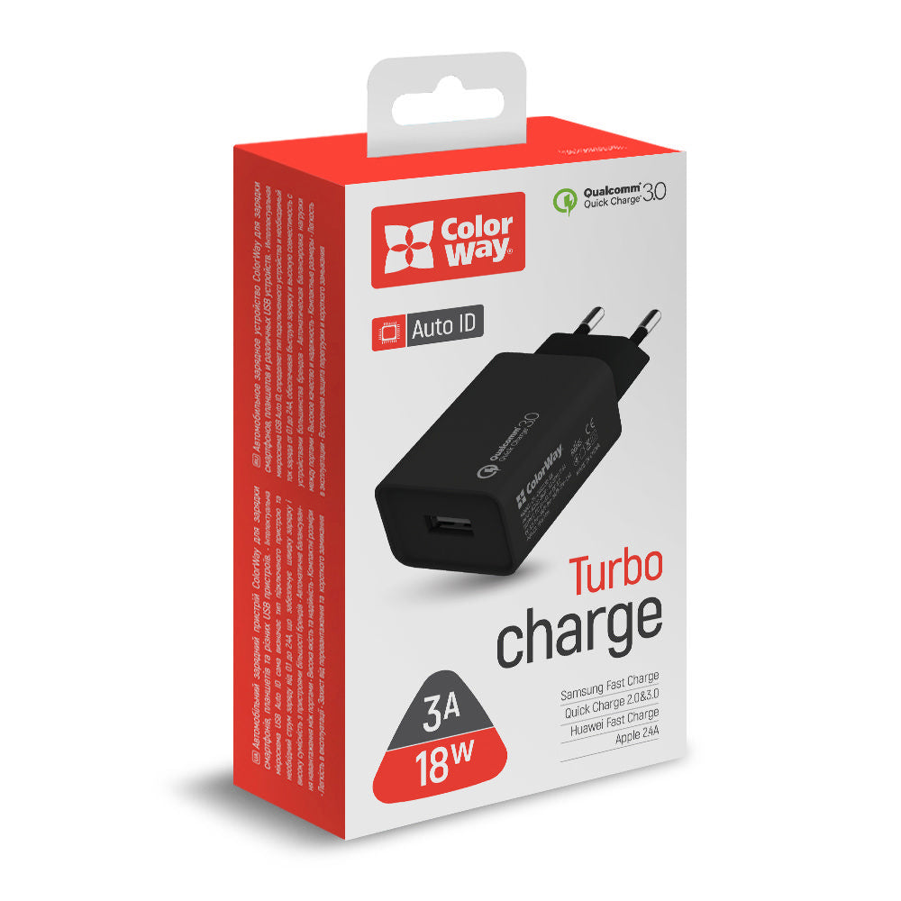 ColorWay Hálózati töltő 1xUSB Quick Charge 3.0 (18W) fekete