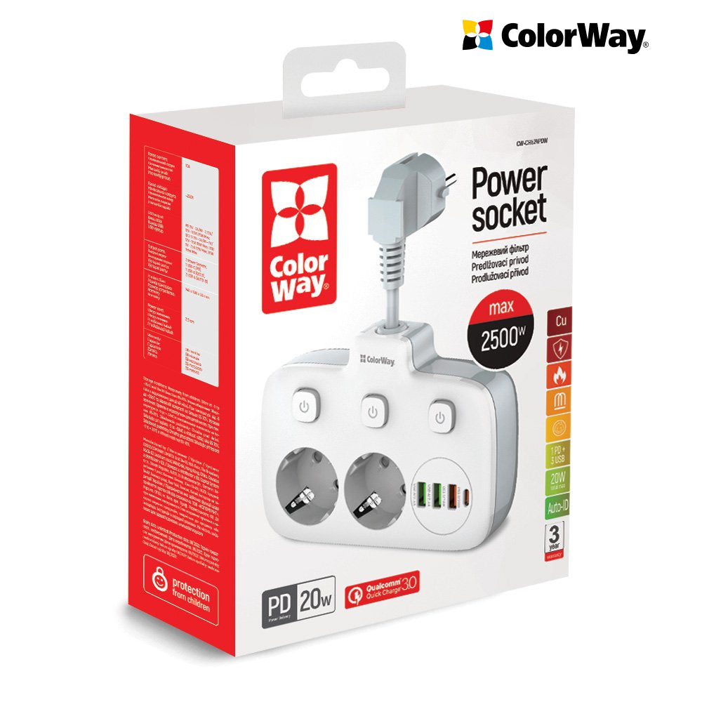 ColorWay Power soсket СolorWay 2x220V/3xUSB-A/1xUSB-C fehér