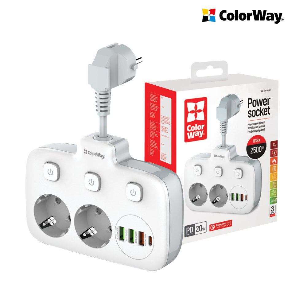 ColorWay Power soсket СolorWay 2x220V/3xUSB-A/1xUSB-C fehér