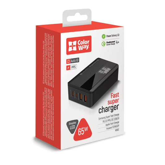 Hálózati töltő ColorWay Power Delivery (2USB-A + 2USB TYPE-C) (65W) fekete