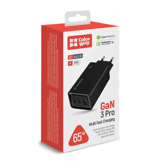 Hálózati töltő ColorWay GaN3 Pro Power Delivery (USB-A + 2 USB TYPE-C) (65W) fekete