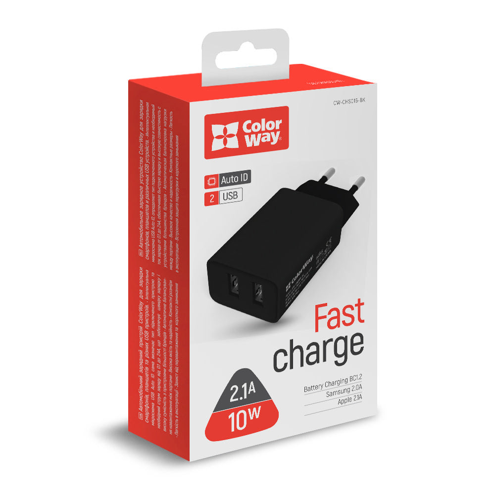 ColorWay Hálózati töltő 2xUSB AUTO ID 2.1A (10W) - fekete