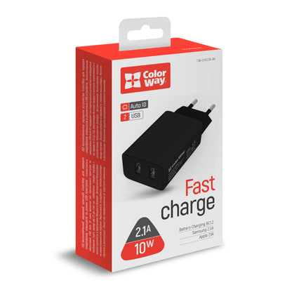 ColorWay Hálózati töltő 2xUSB AUTO ID 2.1A (10W) - fekete