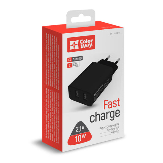 ColorWay Hálózati töltő 2xUSB AUTO ID 2.1A (10W) - fekete