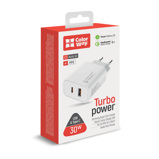 Hálózati töltő ColorWay Power Delivery Port PPS USB (Type-C PD + USB QC3.0) (30W) - biela