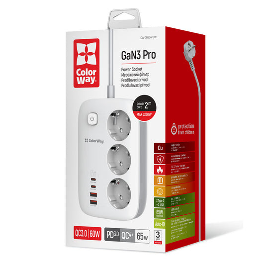 ColorWay Power soсket СolorWay CW-CHE34PDW 3 Konnektors/4USB GaN3 Pro (2USB-A + 2TYPE-C) (65W) 2M