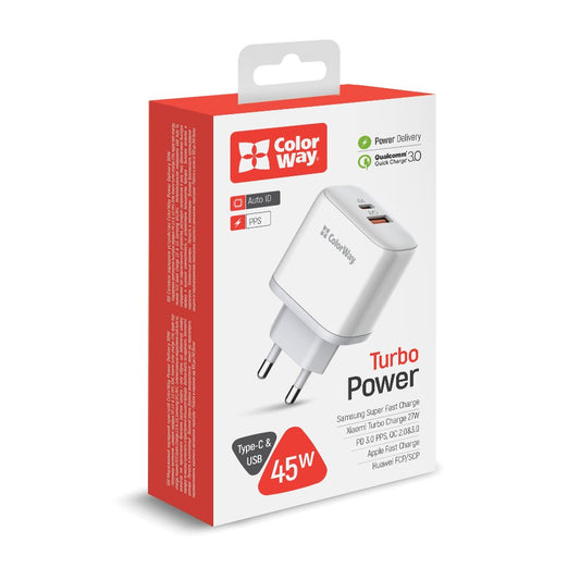 Hálózati töltő ColorWay Power Delivery Port PPS USB (Type-C PD + USB QC3.0) (45W) fehér