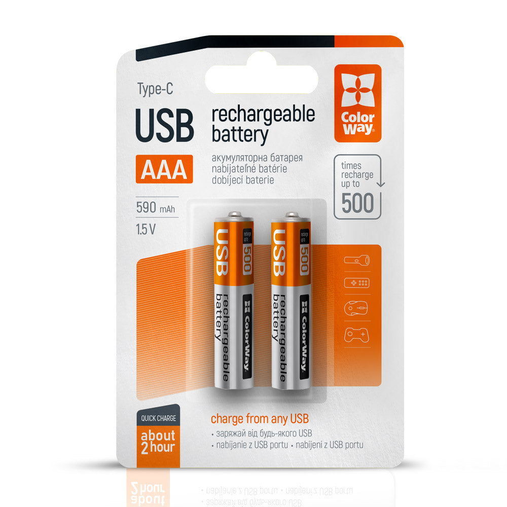 Rechargeable Battery ColorWay AAА USB-С 590 mAh 1.5V (Li-Polymer) (2pcs)