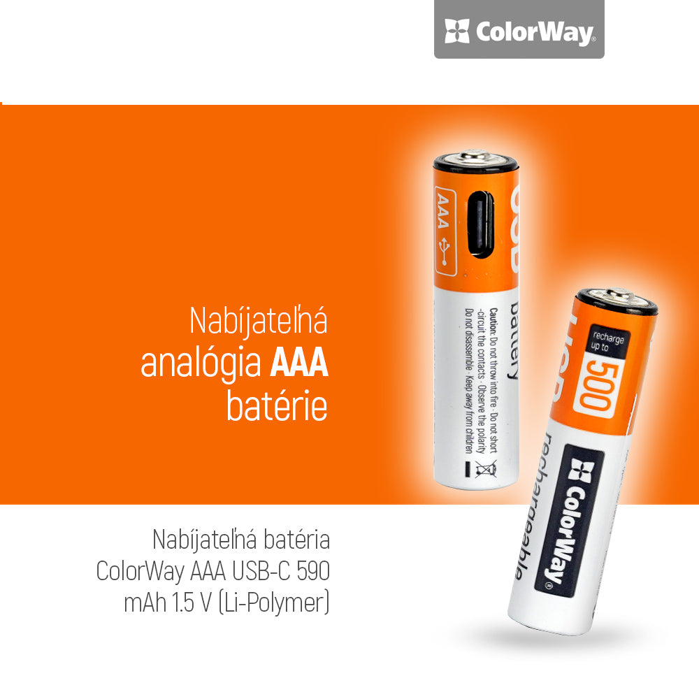 Rechargeable Battery ColorWay AAА USB-С 590 mAh 1.5V (Li-Polymer) (2pcs)