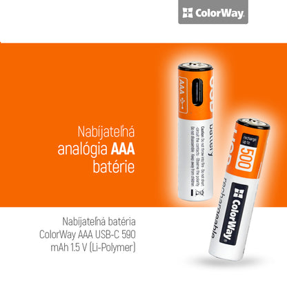 Rechargeable Battery ColorWay AAА USB-С 590 mAh 1.5V (Li-Polymer) (2pcs)