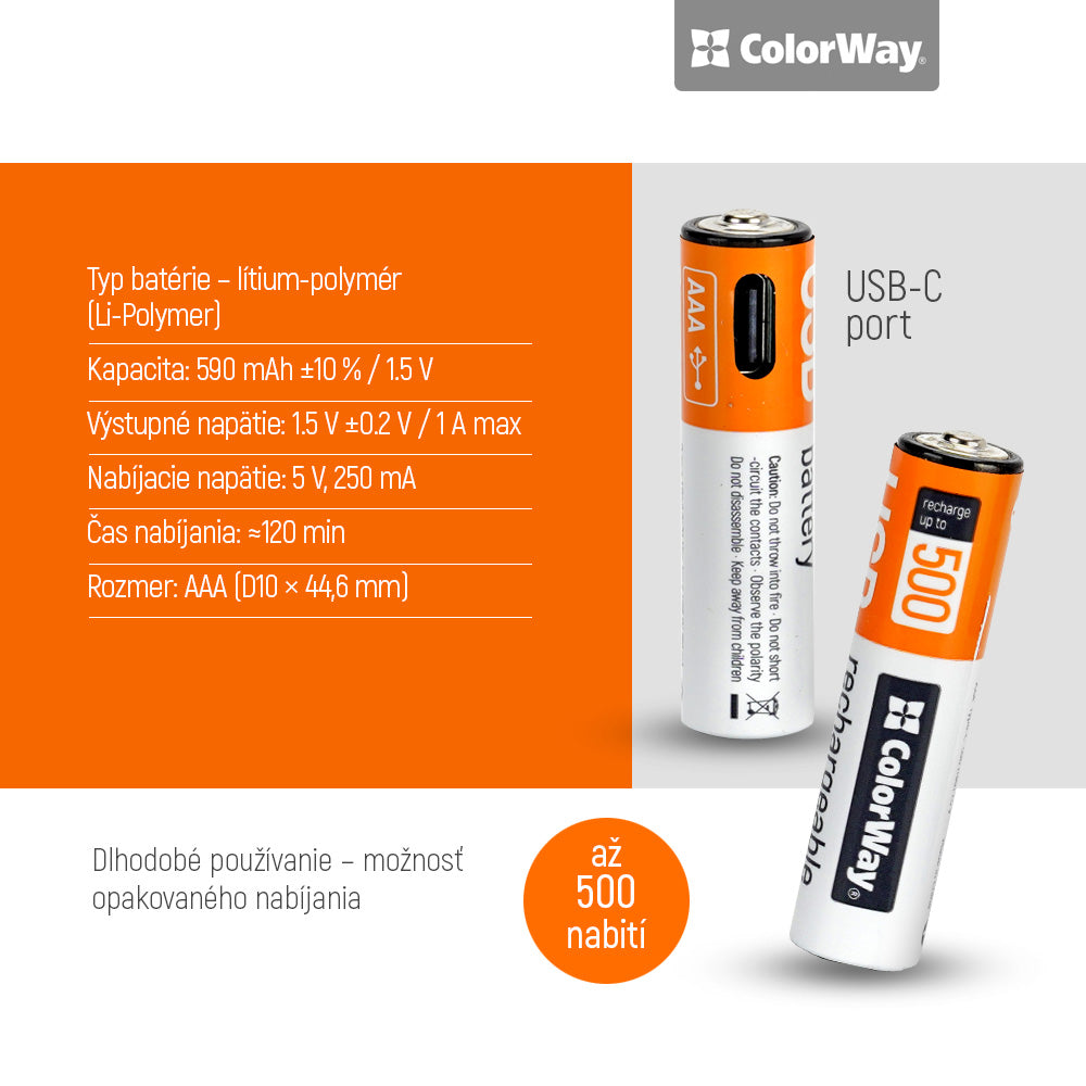 Rechargeable Battery ColorWay AAА USB-С 590 mAh 1.5V (Li-Polymer) (2pcs)