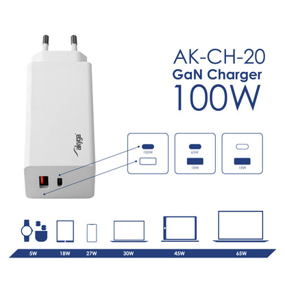 Töltő AK-CH-20 USB-A + USB-C PD 5-20V / max. 5A 100W Quick Charge 3.0 GaN