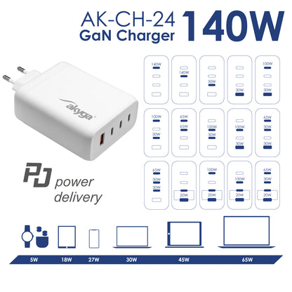 Töltő AK-CH-24 USB-A + 3x USB-C PD 5-28V / max. 5A 140W Quick Charge 3.0 GaN