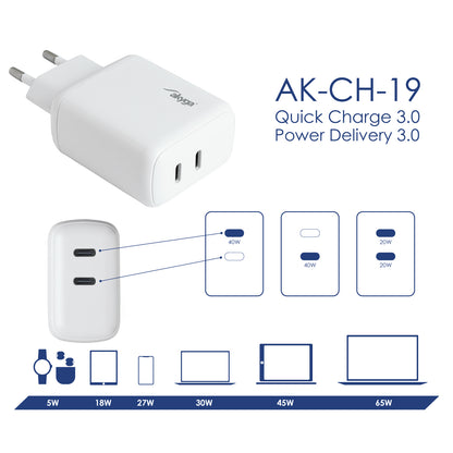 USB Töltő AK-CH-19 2x USB-C PD 5-12V / max. 3A 40W Quick Charge 3.0