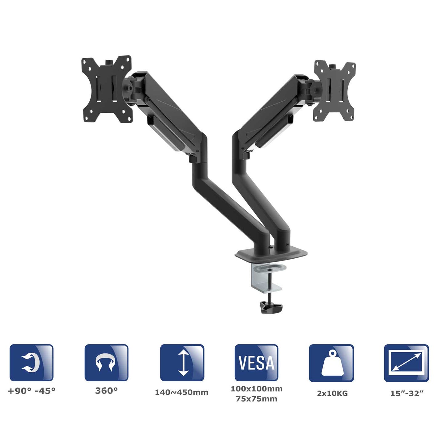Kettős gázrugós monitorkar AK-MB-06 Dupla asztali tartó VESA 75x75mm / 100x100mm 15-32”