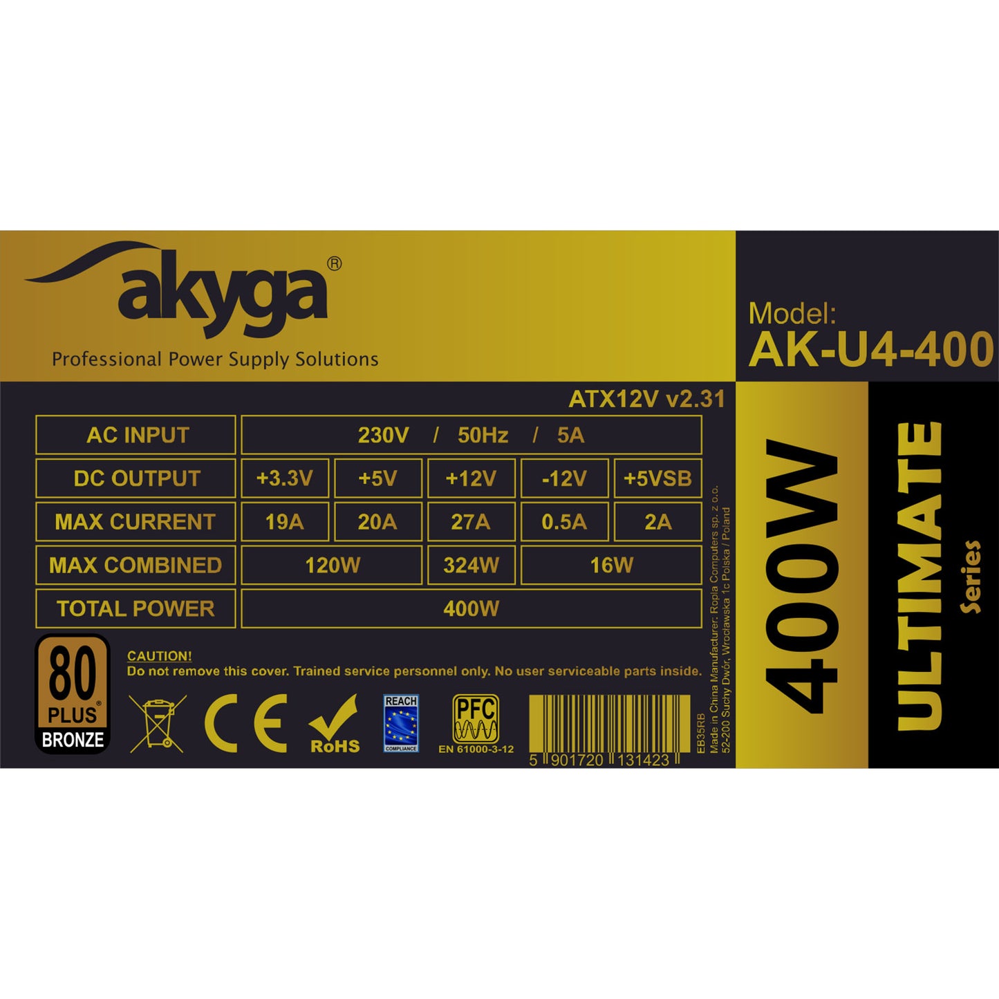 Tápegység ATX AK-U4-400 400W 80+ Bronze