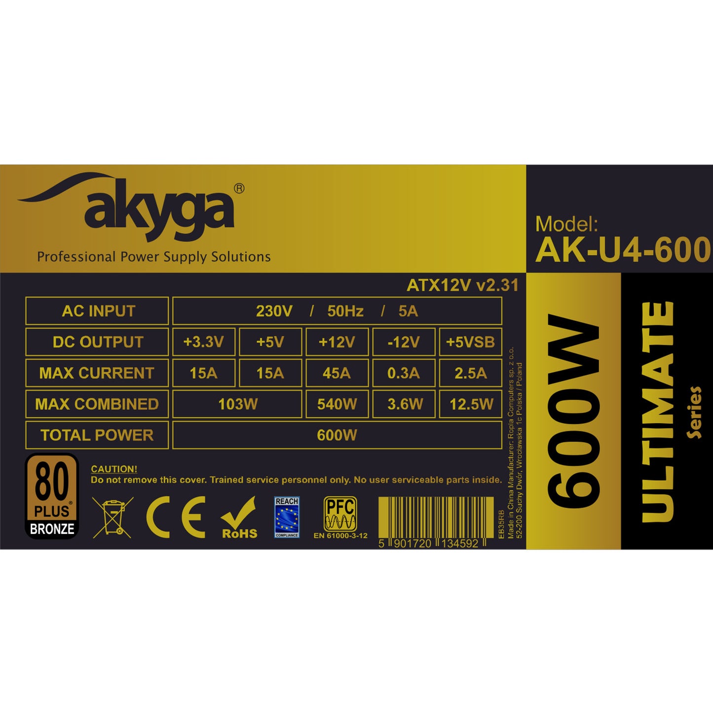 Tápegység ATX AK-U4-600 600W 80+ Bronze