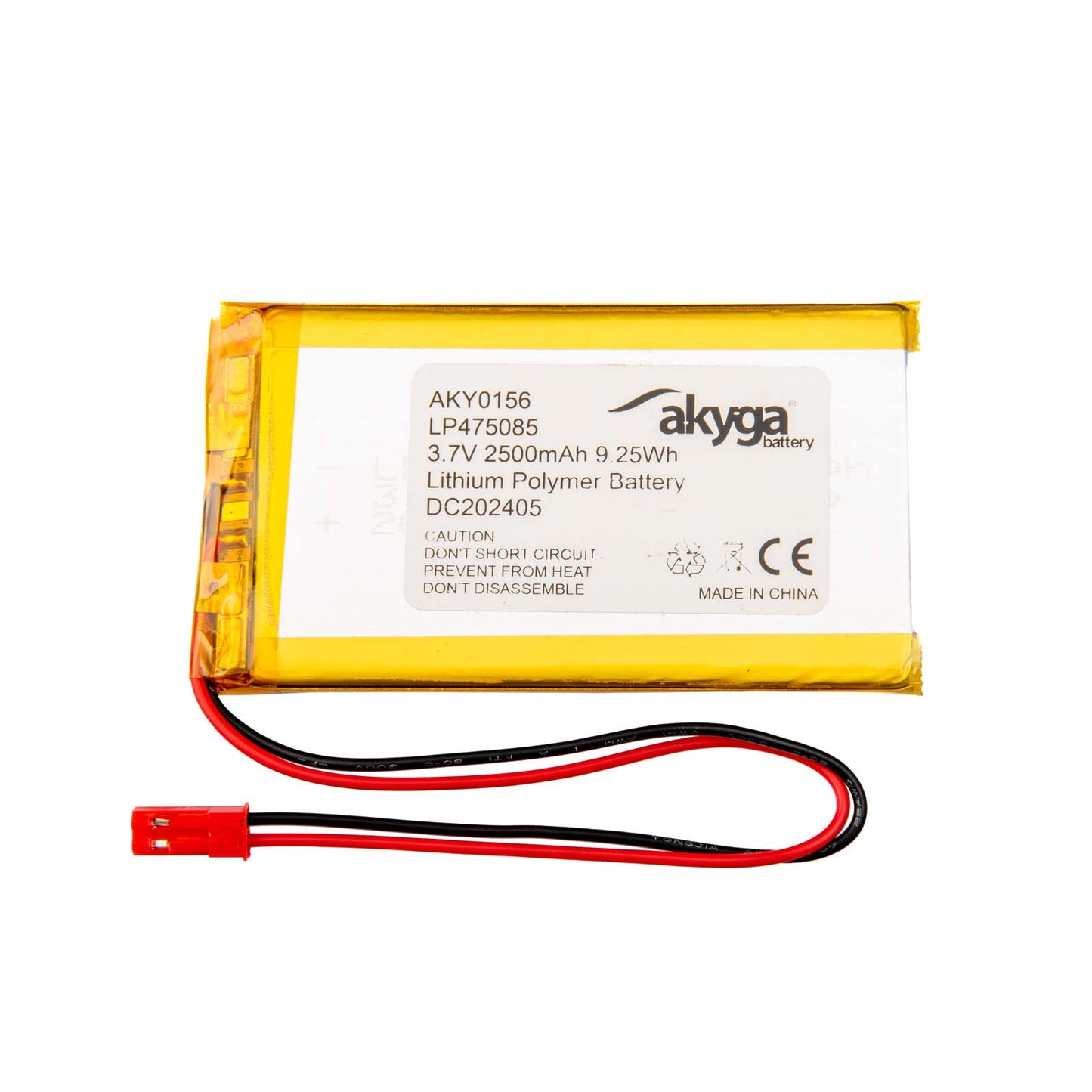 Li-Po akkumulátor LP475085 Akyga AKY0156 3.7V / 2500mAh PCM JST 2-pin csatlakozó 150mm
