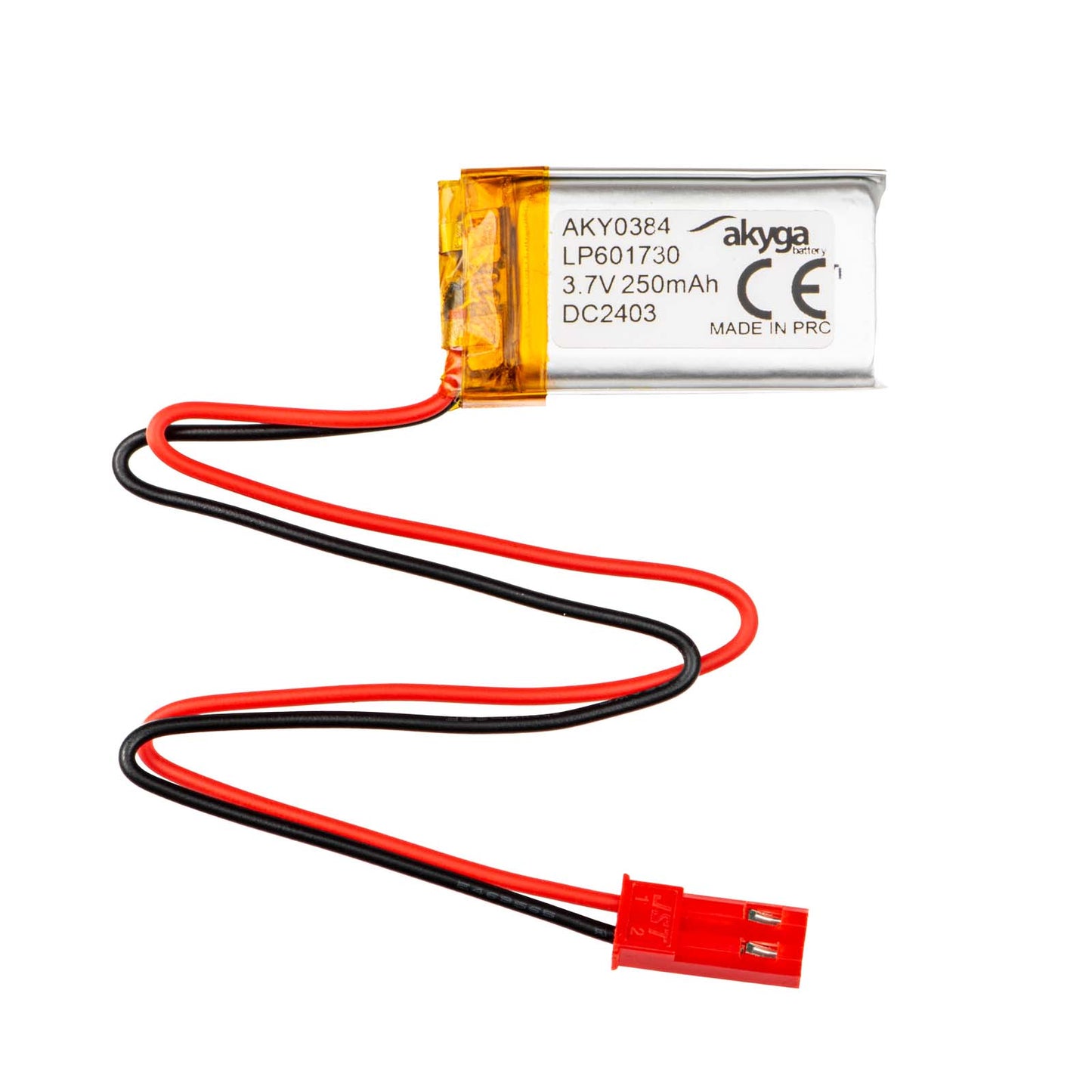 Li-Po akkumulátor LP601730 Akyga AKY0384 3.7V / 250mAh PCM JST 2-Pin csatlakozó 150mm