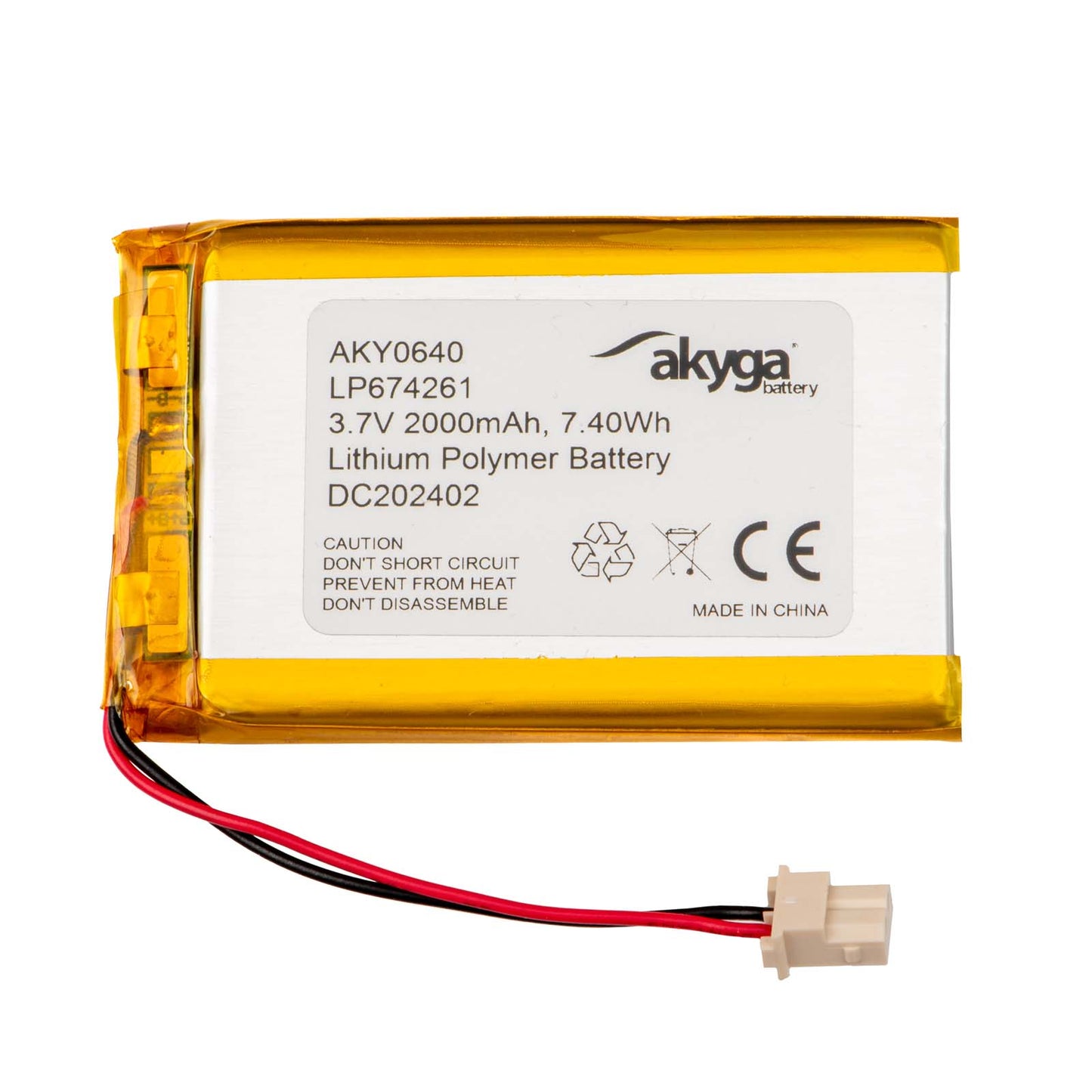 Li-Po akkumulátor LP674261 Akyga AKY0640 3.7V / 2000mAh PCM Molex 2-Pin csatlakozó 50mm
