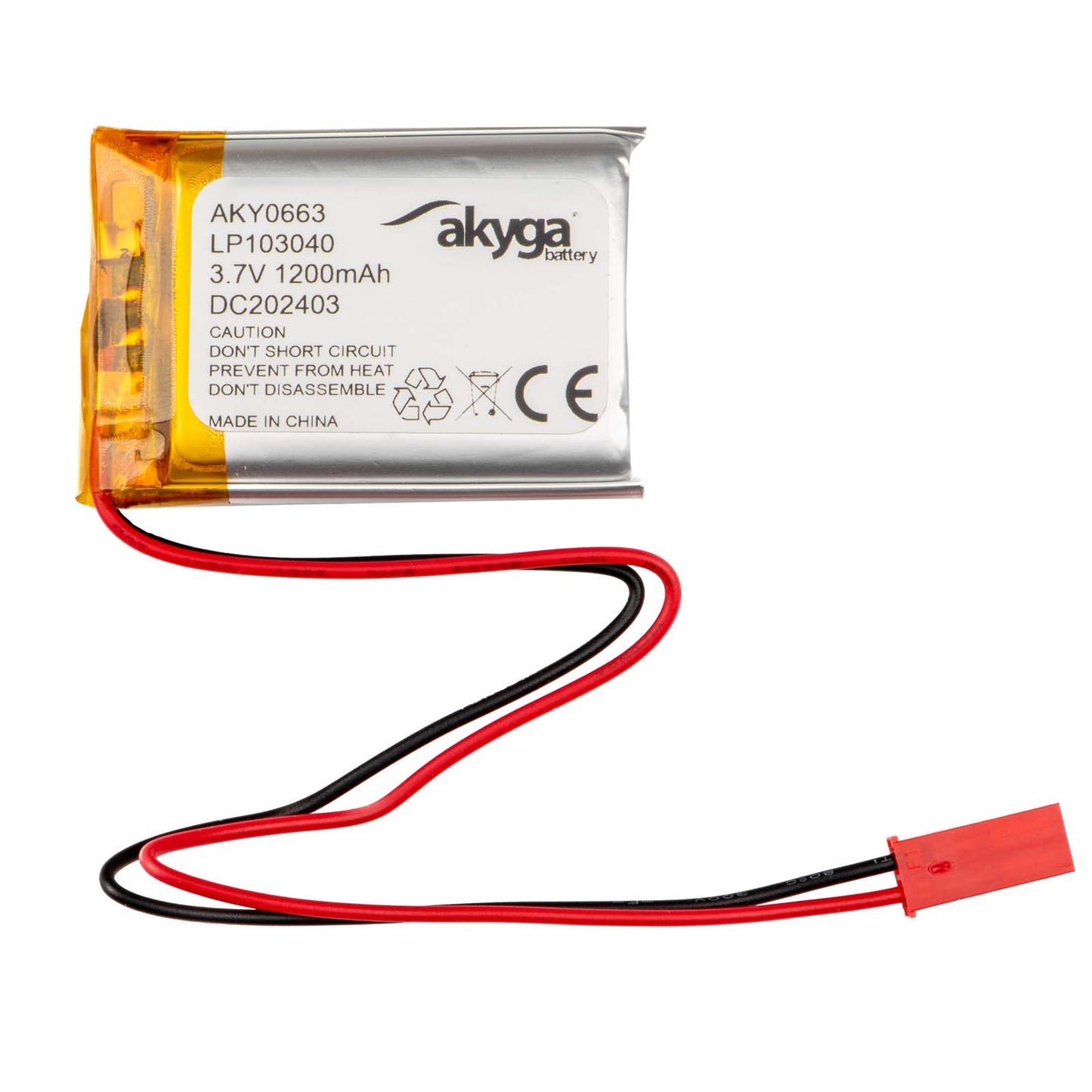 Li-Po akkumulátor LP103040 Akyga AKY0663 3.7V / 1200mAh PCM JST 2-pin csatlakozó 150mm