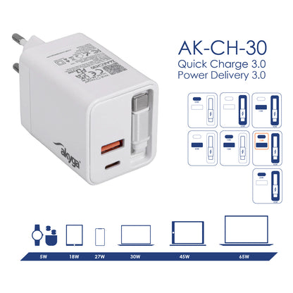 Töltő AK-CH-30 USB-A + 2x USB-C PD 5-20V / max. 3.25A 65W Quick Charge 3.0 GaN