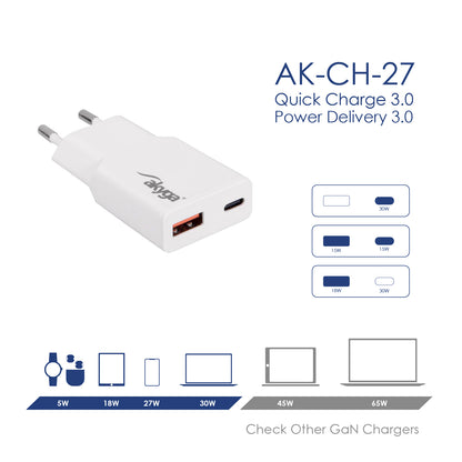 Töltő AK-CH-27 USB-A + USB-C PD 5-20V / max. 3A 30W Quick Charge 3.0 GaN