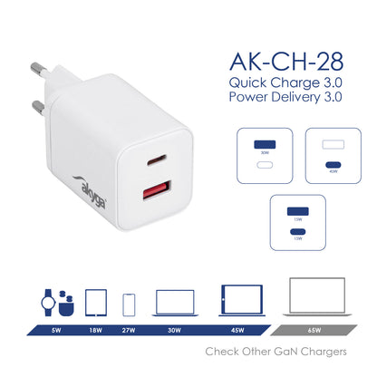 Töltő AK-CH-28 USB-A + USB-C PD 5-21V / max. 3A 45W Quick Charge 3.0 GaN
