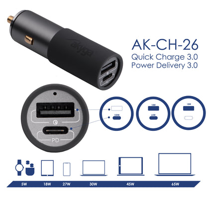 USB autós töltő AK-CH-26 USB-A + USB-C PD 5-20V / max. 5A 100W Quick Charge 3.0 GaN