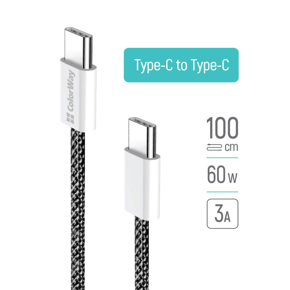 ColorWay Type-C – Type-C kábel (pamutfonott) (PD gyorstöltés 60W) 3.0A 1m, fekete