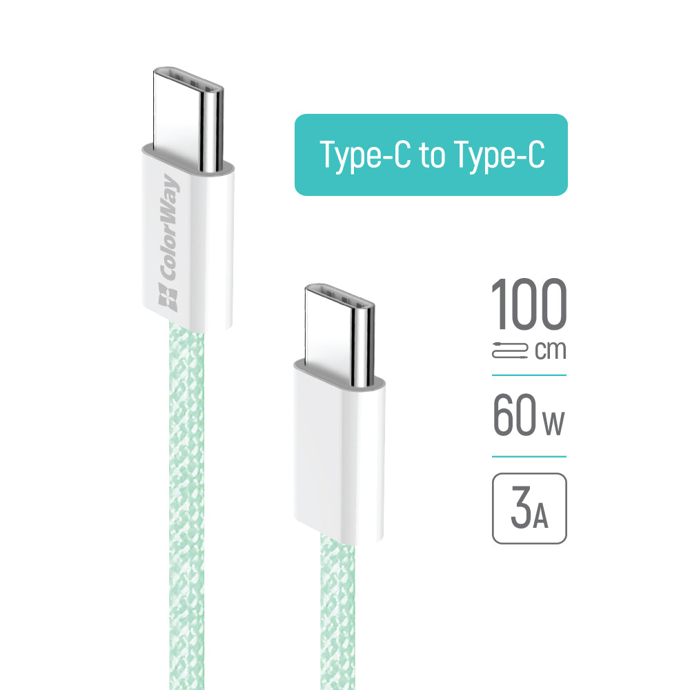 ColorWay Type-C – Type-C kábel (pamutfonott) (PD gyorstöltés 60W) 3.0A 1m, zöld