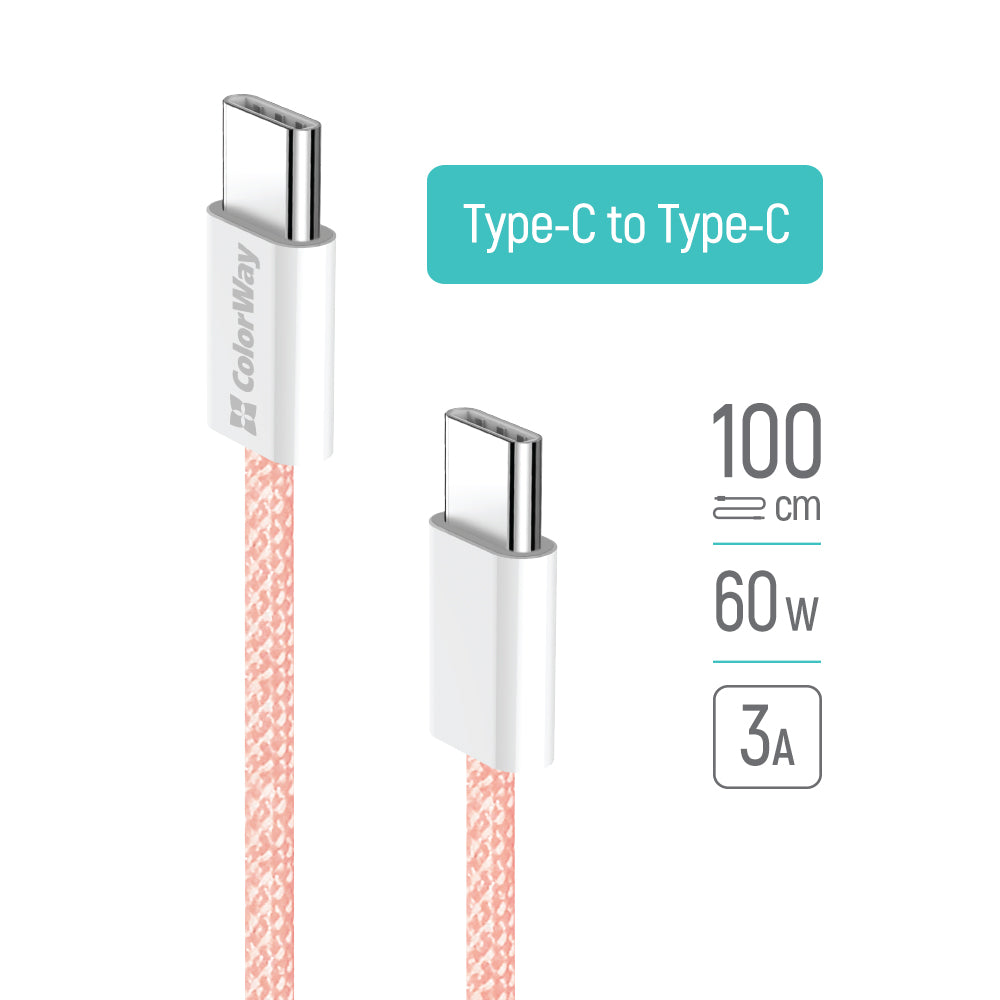 ColorWay Type-C – Type-C kábel (pamutfonott) (PD gyorstöltés 60W) 3.0A 1m, rózsaszín