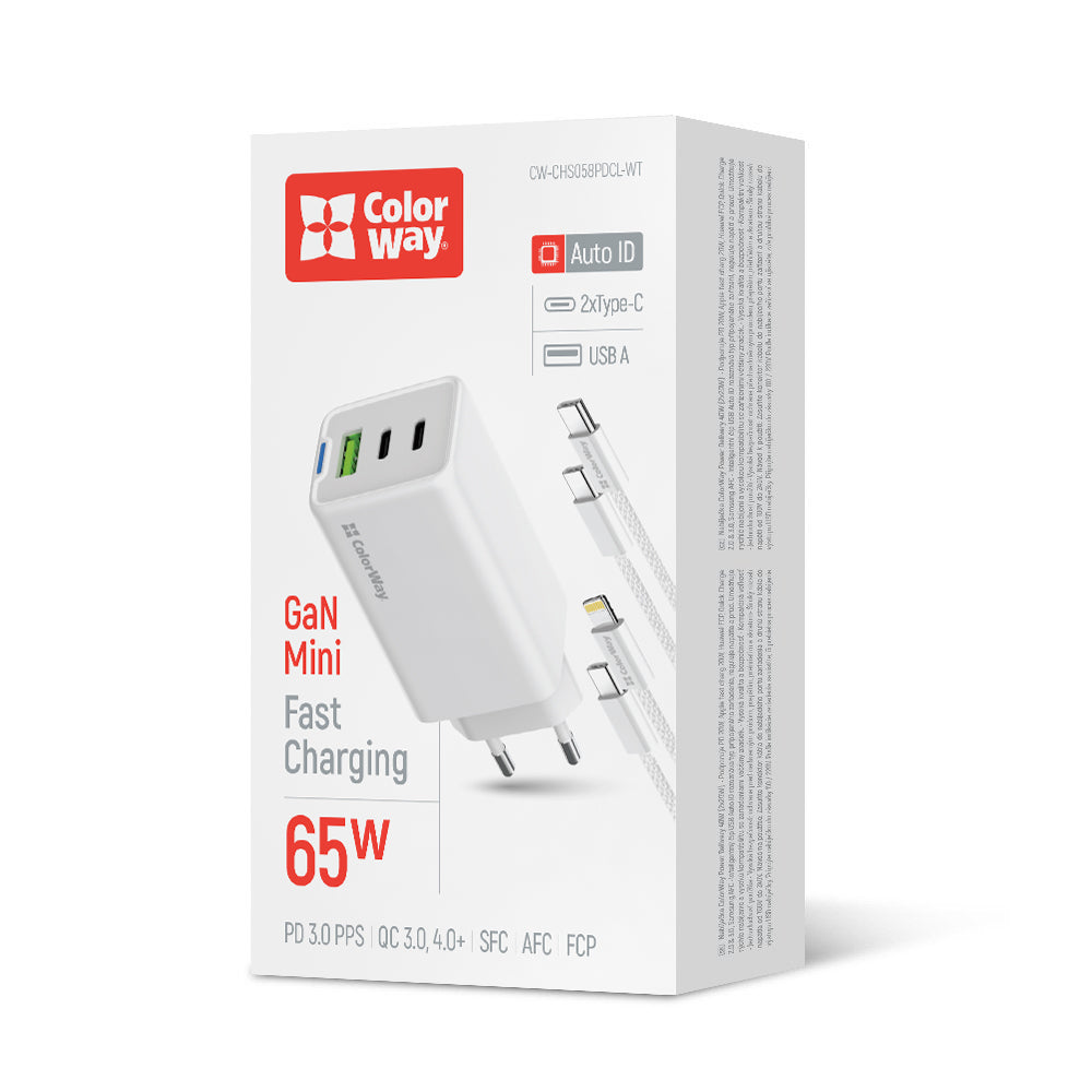 ColorWay GaN Mini 65W PD PPS USB (USB-2C1A) Mains Charger Type-C+Lightning