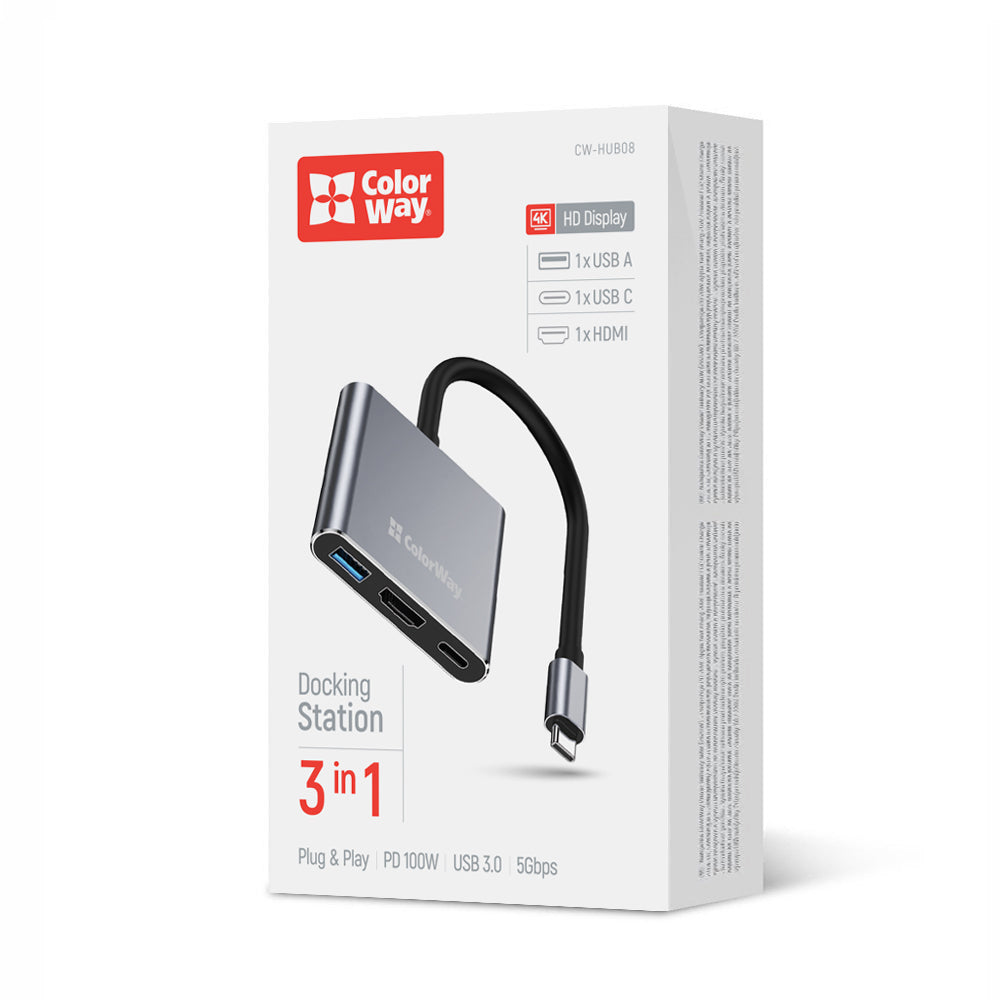 ColorWay USB-C Docking Station, 3-in-1 (Type-C PD 100W, USB 3.0, HDMI 4K)
