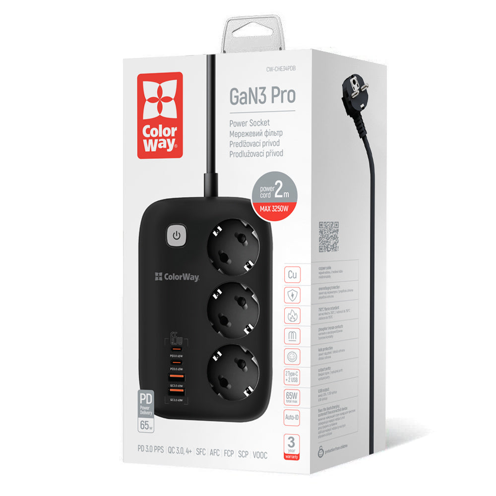 ColorWay elosztó hálózati aljzat 3 hálózati aljzat/4USB GaN3 Pro PD (2USB-A + 2 TYPE-C) (65W) 2M