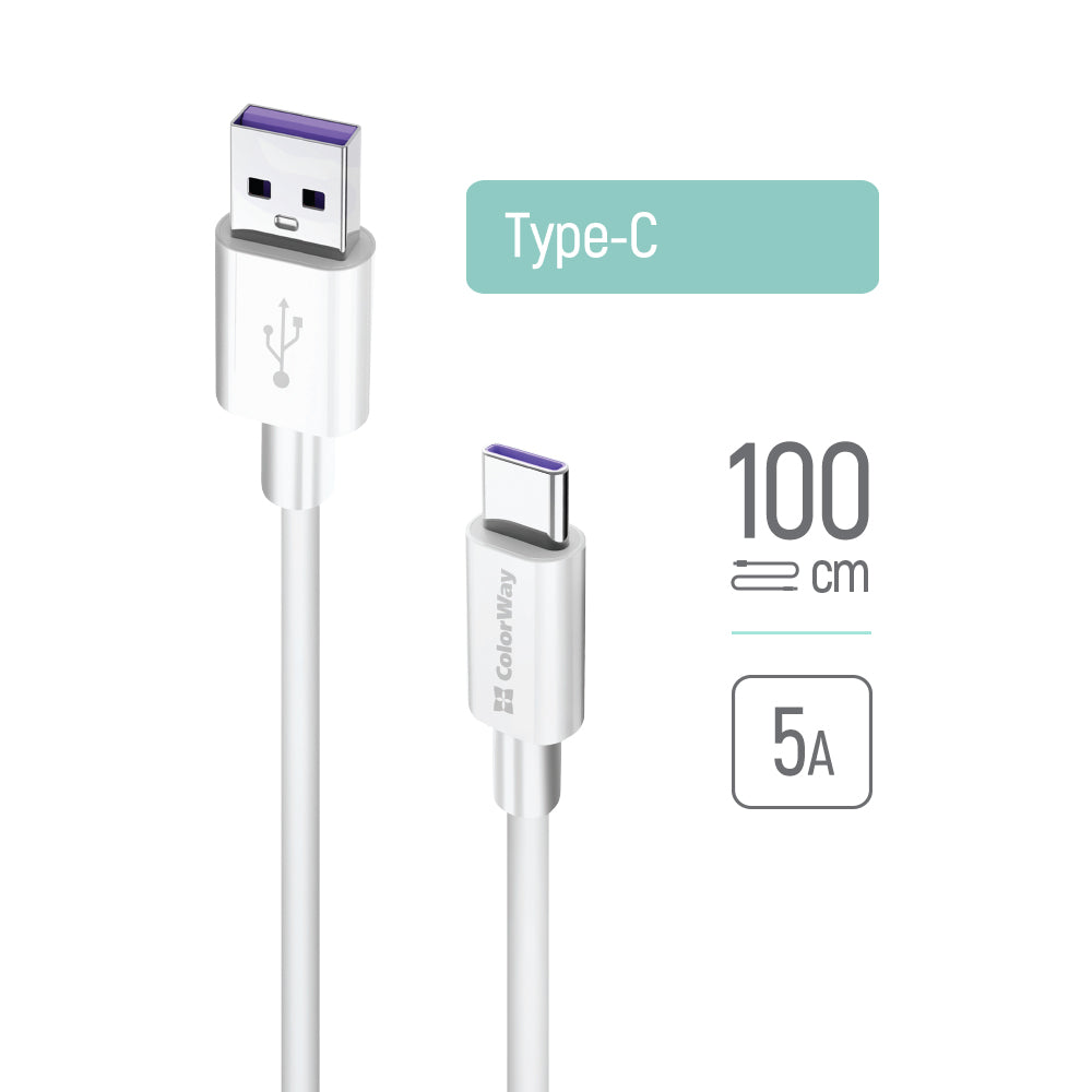 ColorWay USB – Type-C kábel USB (gyorstöltés) 5.0A 1m, fehér