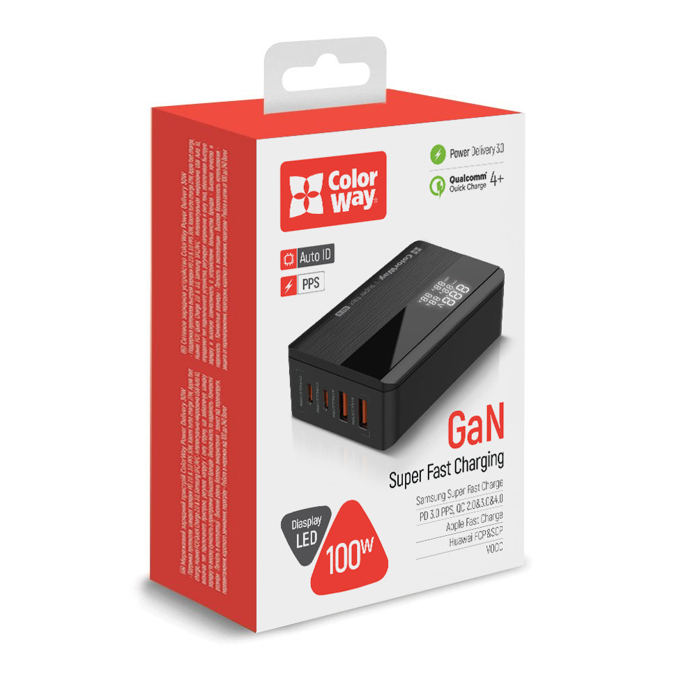 ColorWay Power Delivery GaN Wall Charger (2× USB-A + 2× USB-C, 100 W), black