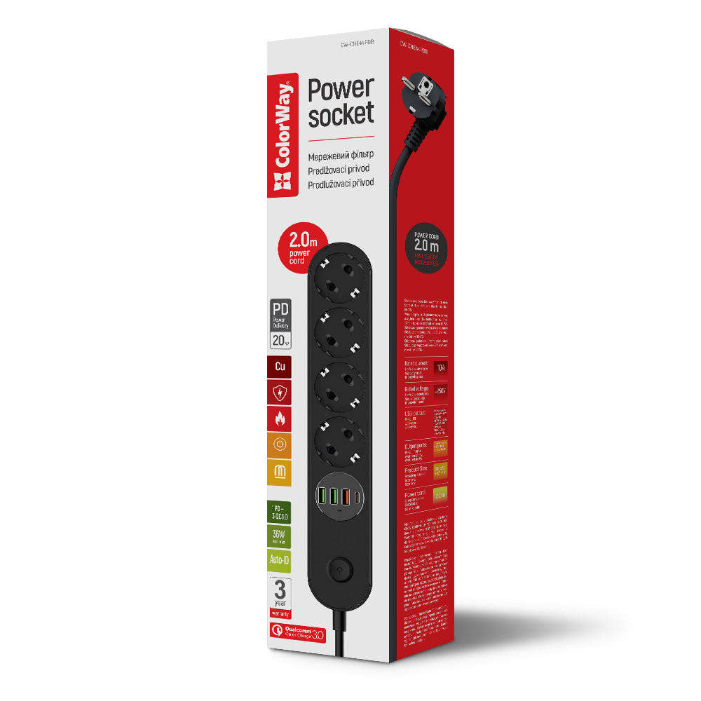 ColorWay elosztó hálózati aljzat 4 hálózati aljzat/4USB (Type-C PD20W + 3USB QC3.0) (45W) 2M, fekete